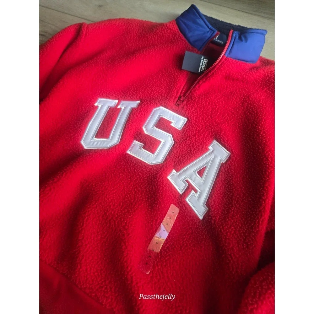 Polo Ralph‎ Lauren Mens USA Fleece Pullover Medium Red Sherpa 1/4 Zip Sweatshirt